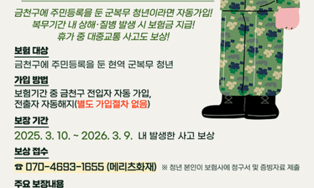 서울 금천구, 나라 지키는 군복무 청년 대상 상해보험 최대 3천만 원 지원