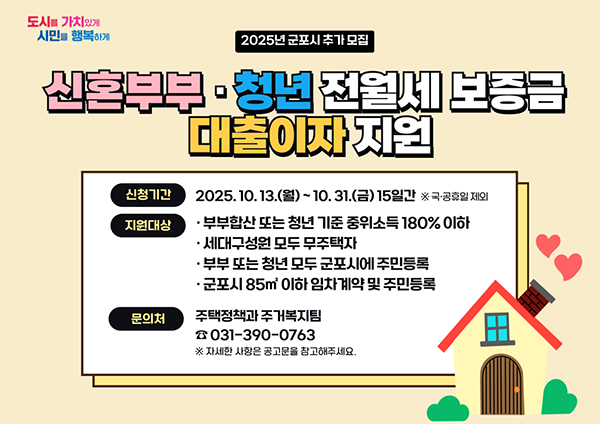 군포시, 신혼부부·청년 전월세 보증금 대출이자 지원