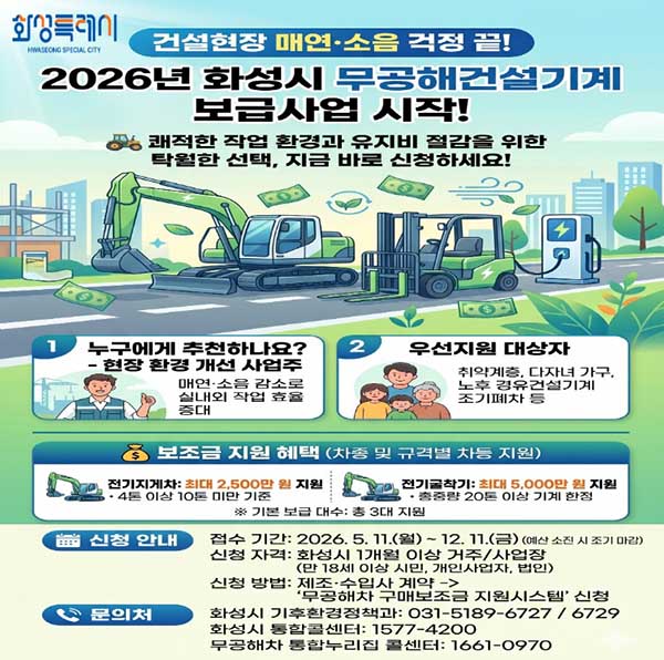 화성특례시, ‘2026년 무공해 건설기계 보급사업’ 추진 11일부터 접수