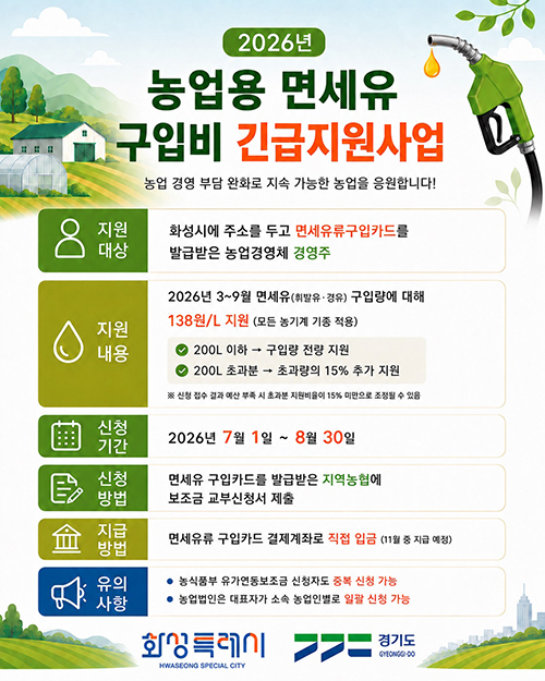 화성특례시, 고유가 부담 던다 농업용 면세유 구입비 ‘2억 4천만 원’ 긴급 지원
