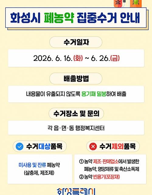 화성특례시, 방치된 폐농약 수거한다 16일부터 2주간 집중 수거